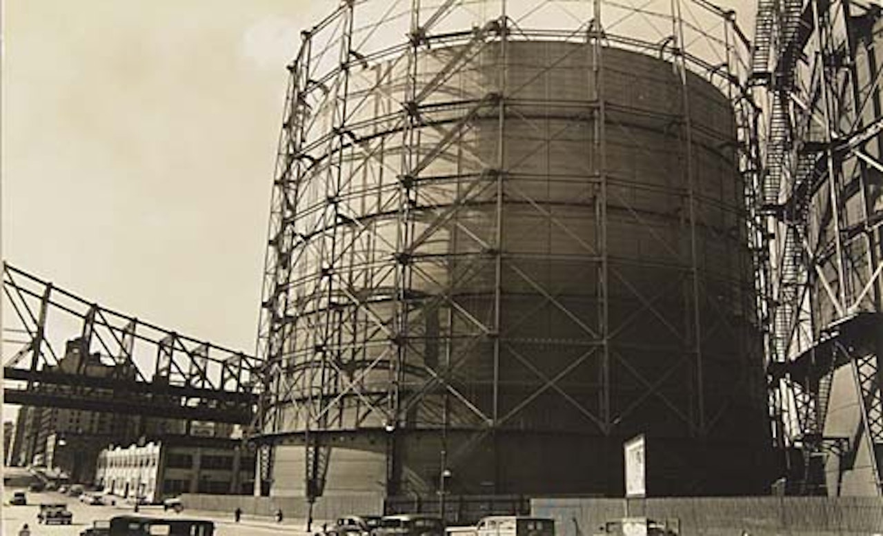 Gas tank and Queensboro Bridge by Berenice Abbott
