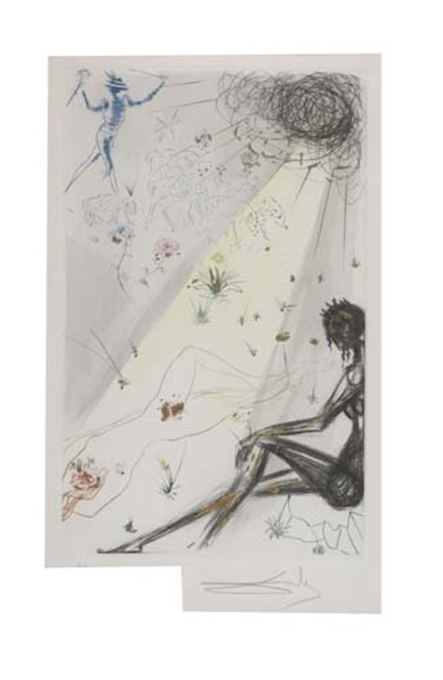 Two color etchings with gold dust: Let him kiss me with the kisses of his mouth; for thy love is better than wine... * Looke not upon me that I am blacke; because the sonne.. by Salvador Dali