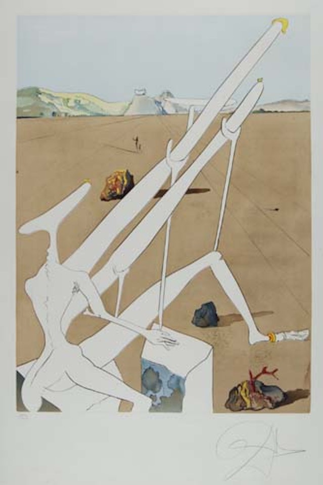 Two color drypoints from La Conquête du Cosmos: Paillions de l'anti-matière * Dalí Martian muni d'un double microscope holoelectronique by Salvador Dali