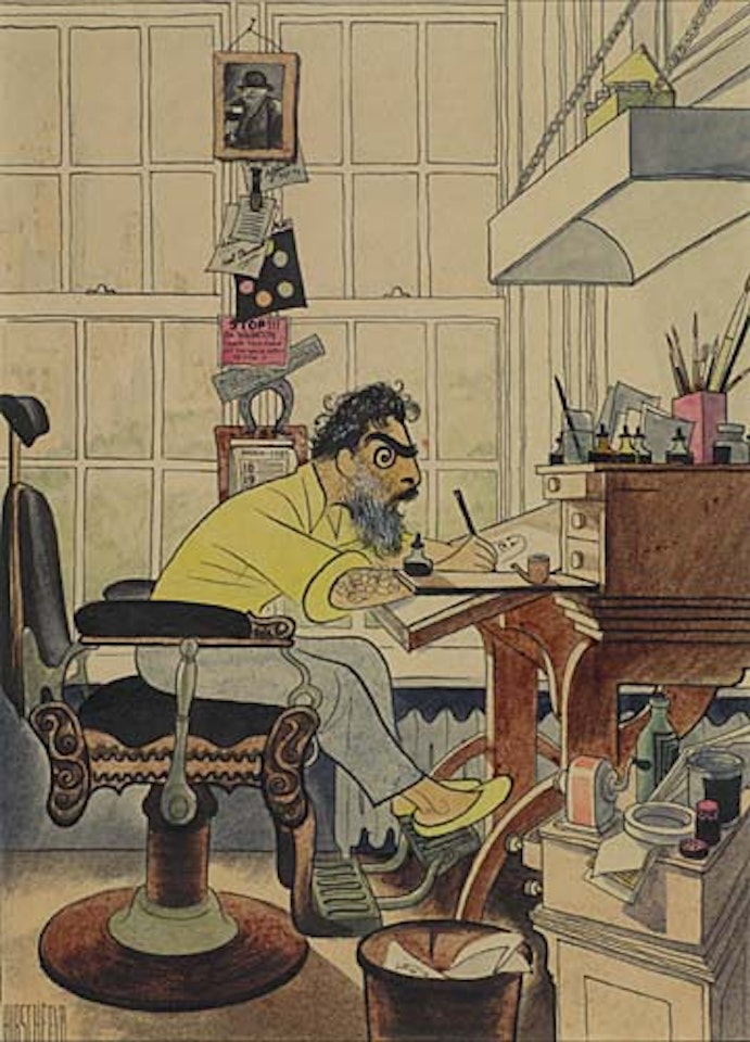 Self portrait in barber chair by Al Hirschfeld
