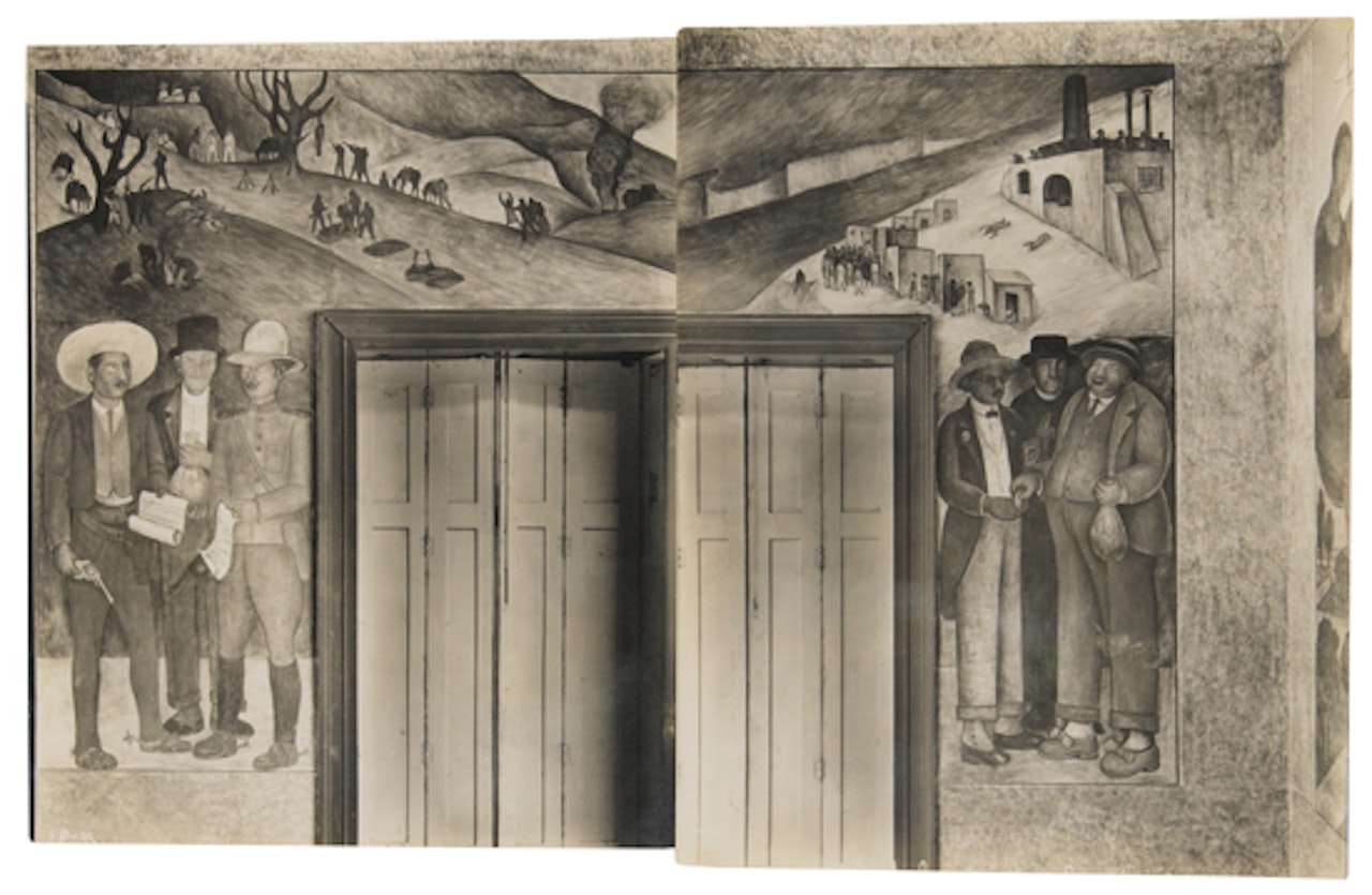 Mural Study diptych (Diego Rivera's depiction of exchange of land and money) by Tina Modotti