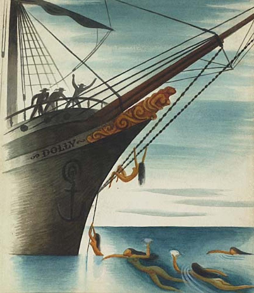 Two watercolors: Pearl Divers, Sea Creatures by Miguel Covarrubias