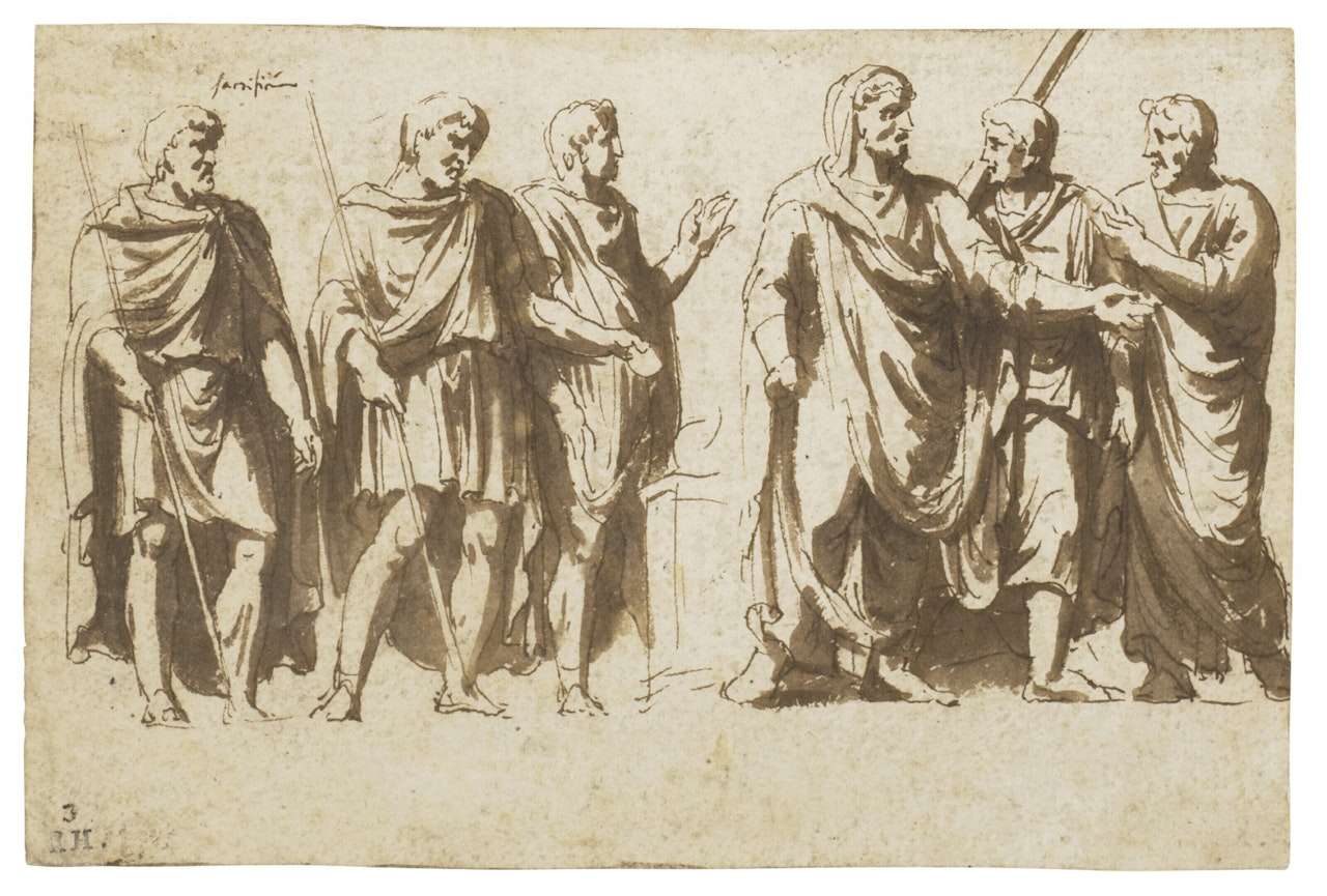 Two groups of men by an altar, after the antique by Jan de Bisschop