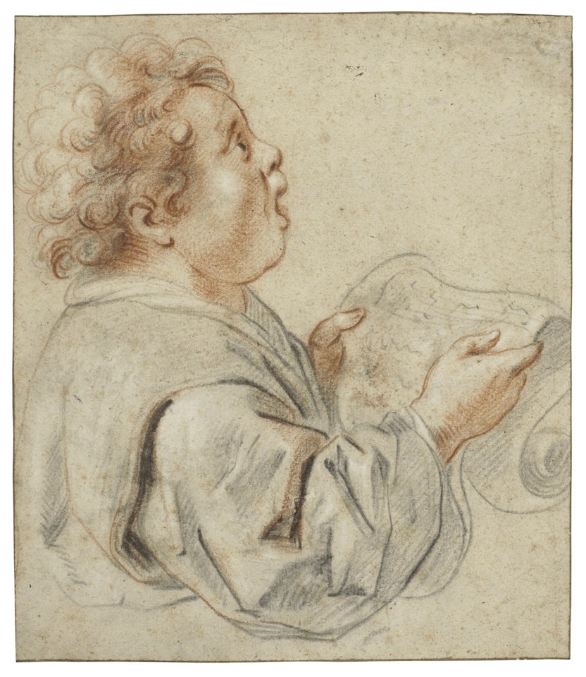 A singing boy holidng sheet music by Jacob Jordaens