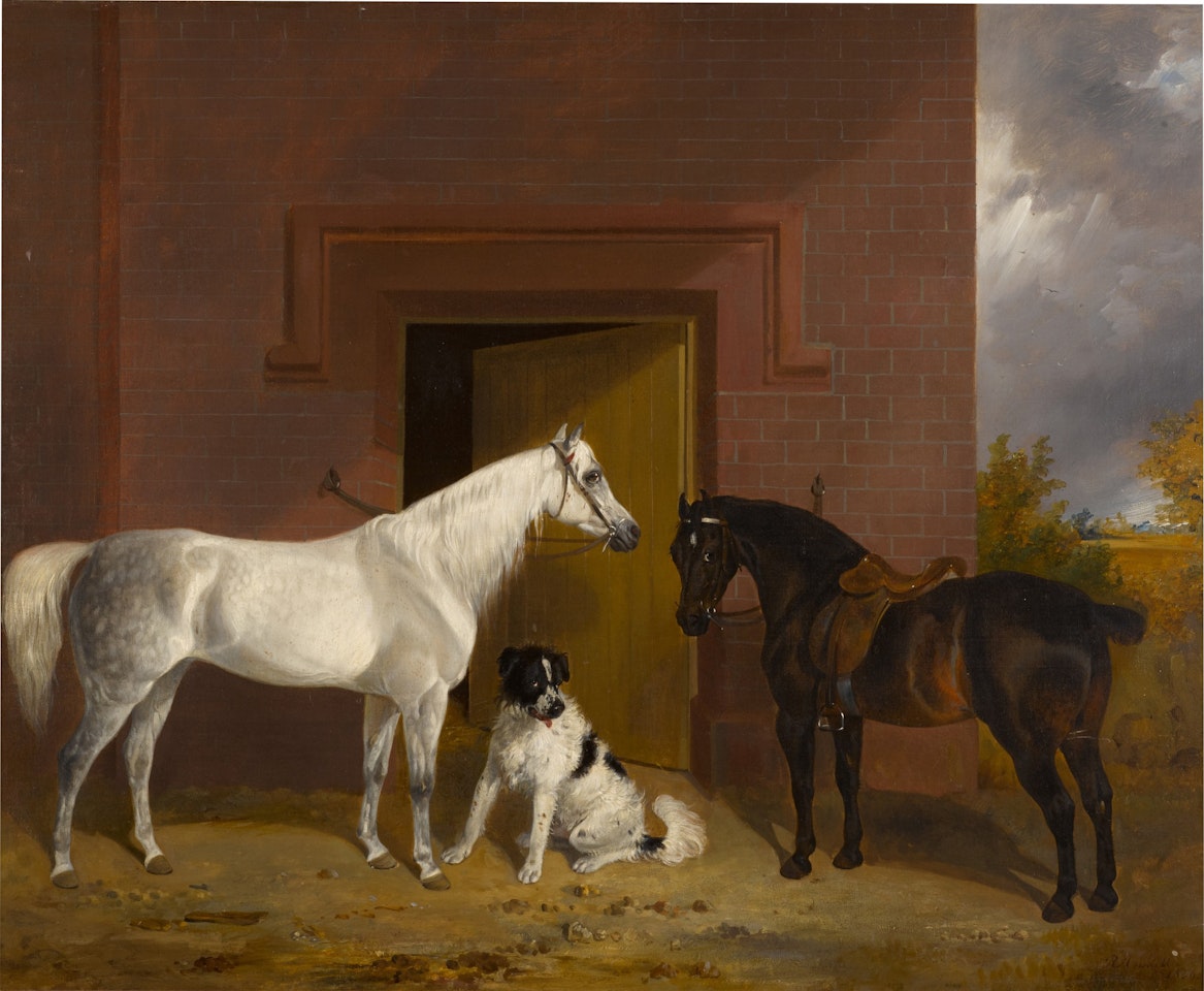 White and Brown Horse in a Farmyard with Dog by Richard Ansdell