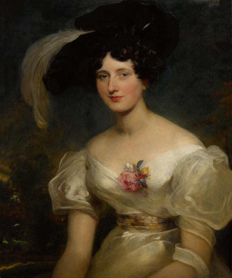 Portrait of Mrs. Hart Davis, half length, in a white gown with a gold sash and a black velvet hat by Sir Thomas Lawrence