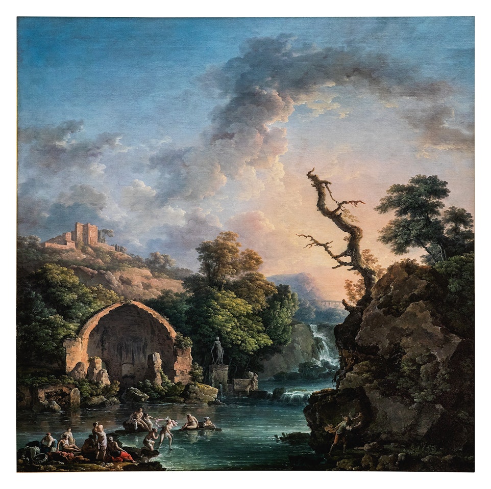 The Temple of Diana at Baiae, an imaginary landscape with the story of Diana and Acteon in the foreground by Carlo Bonavia