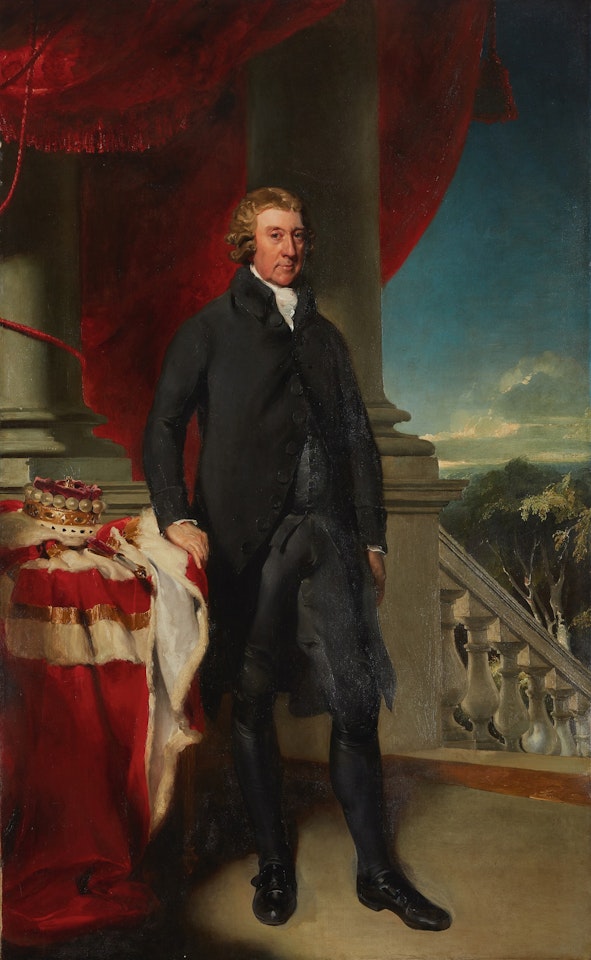 Portrait of Thomas Dawson, 1st Viscount Cremorne, full length, with his hand resting on a table by Sir Thomas Lawrence