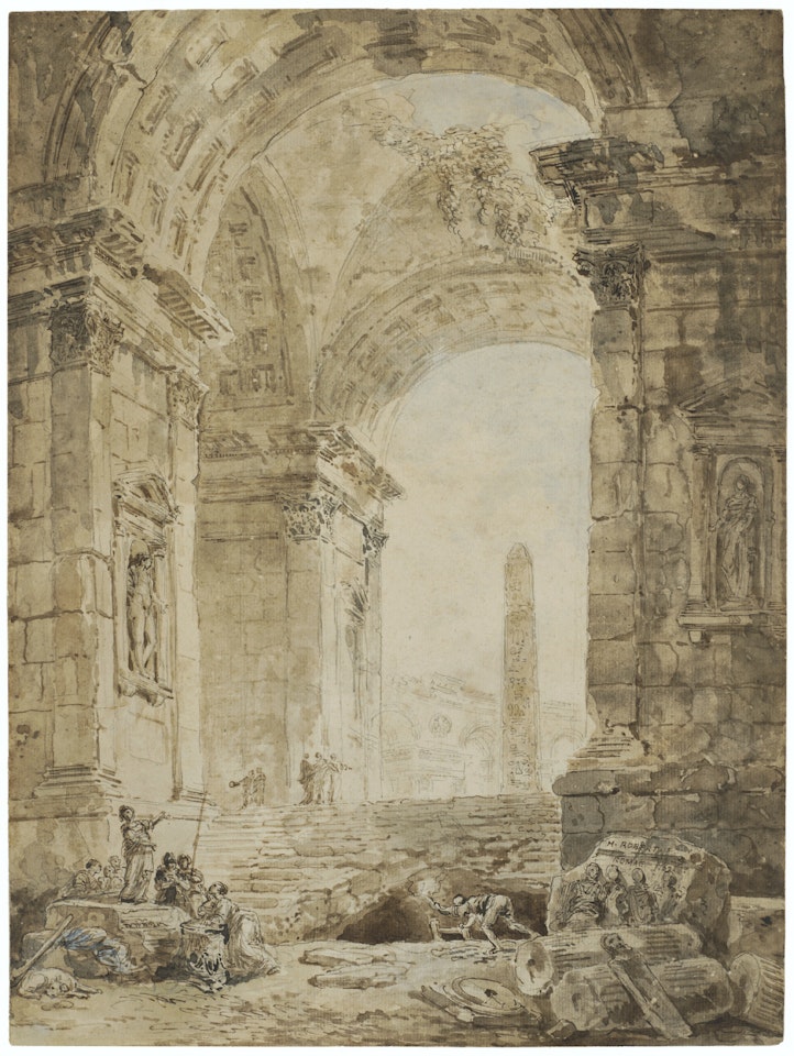 The ruins of an antique building with an obelisk and figures by Hubert Robert