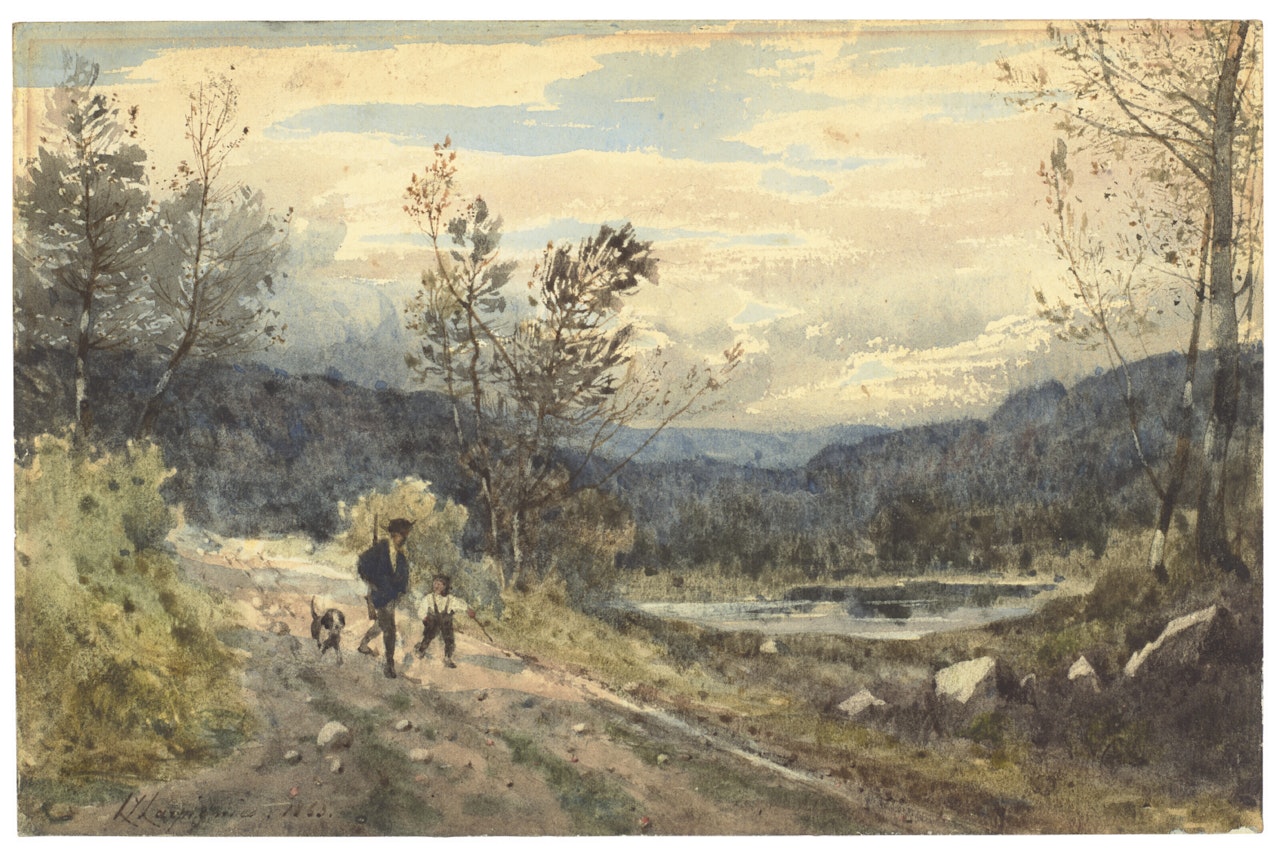 Landscape with hunter, a boy and a dog by Henri Harpignies